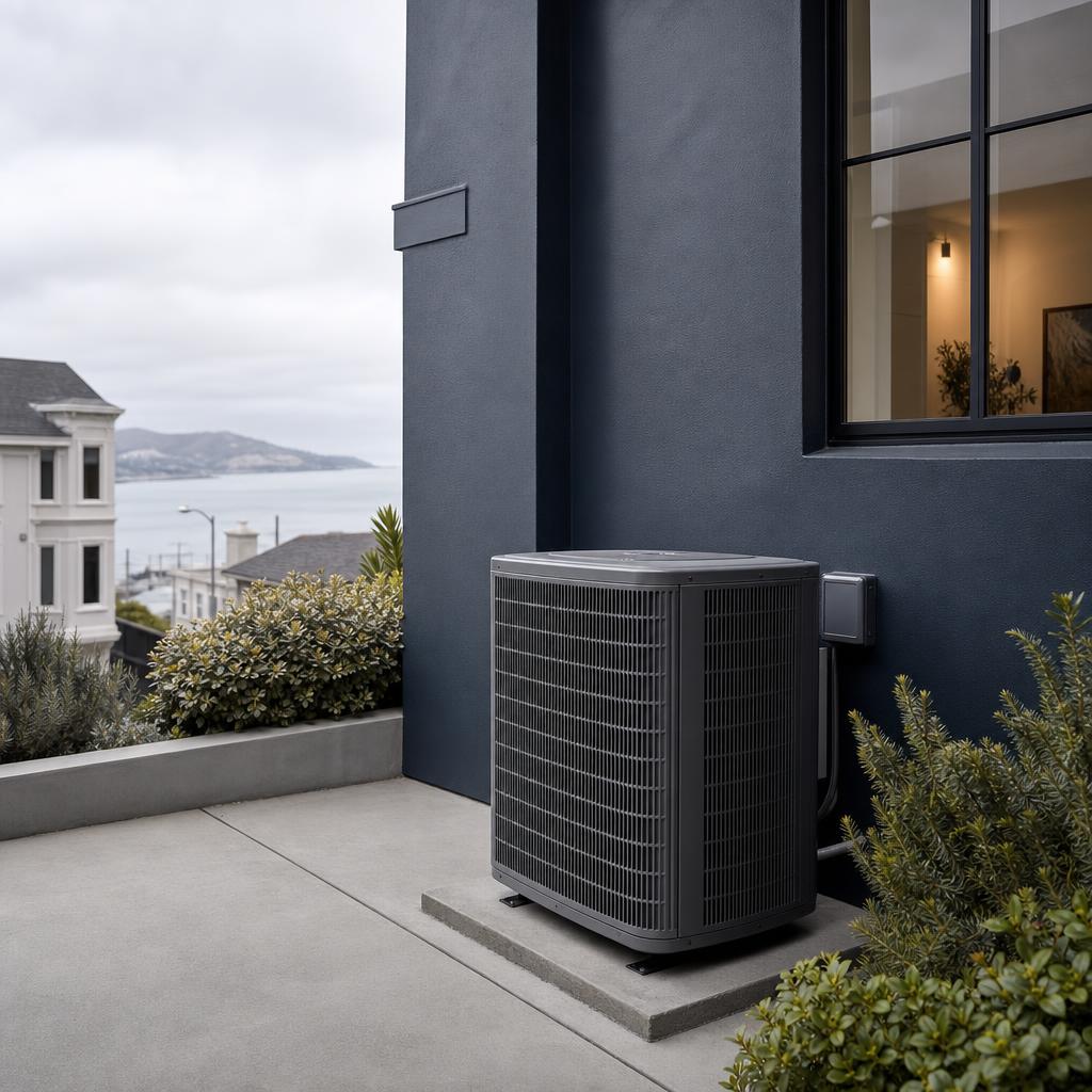Residential air conditioner condenser installed beside a San Francisco home
