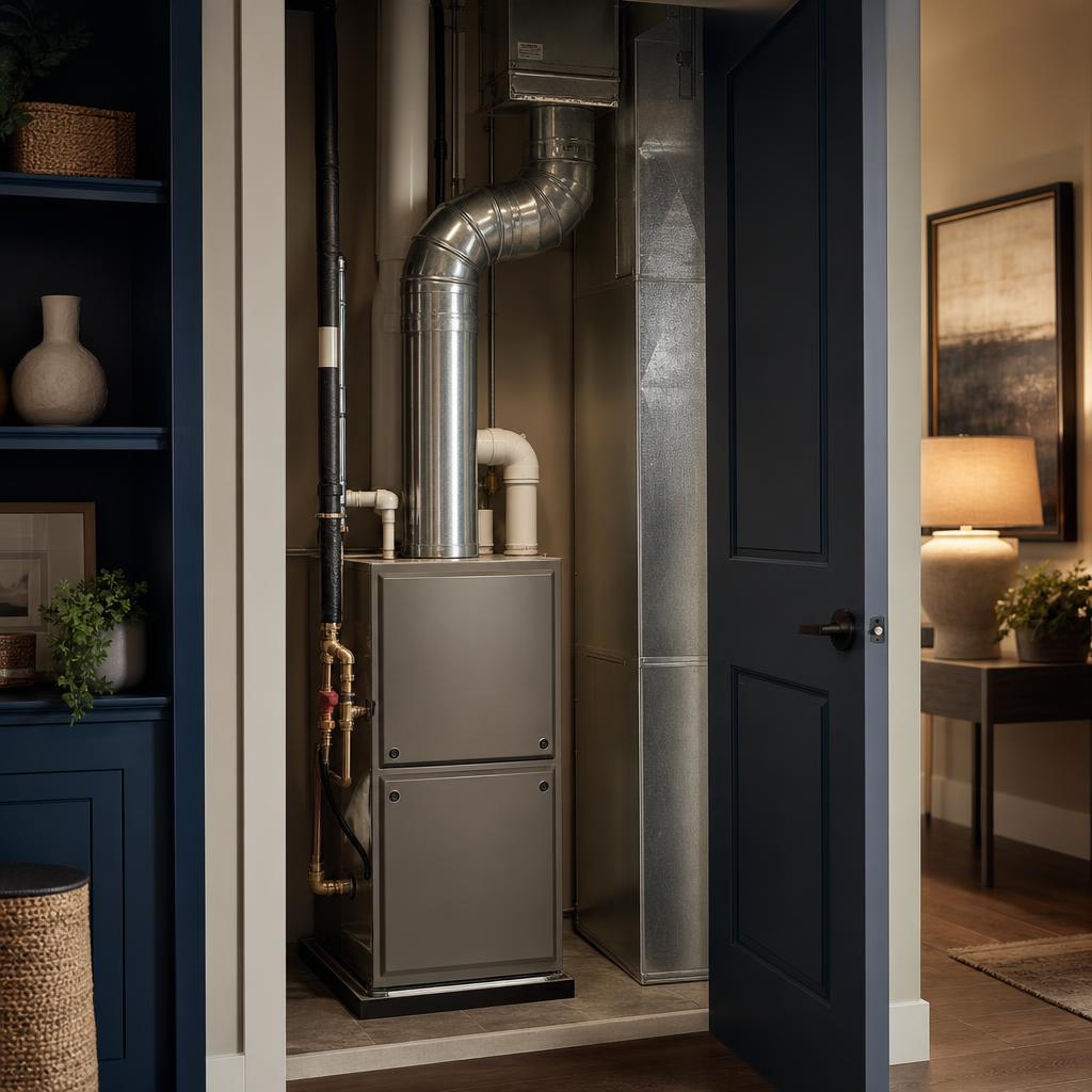 High-efficiency furnace and ductwork installed in a residential utility closet