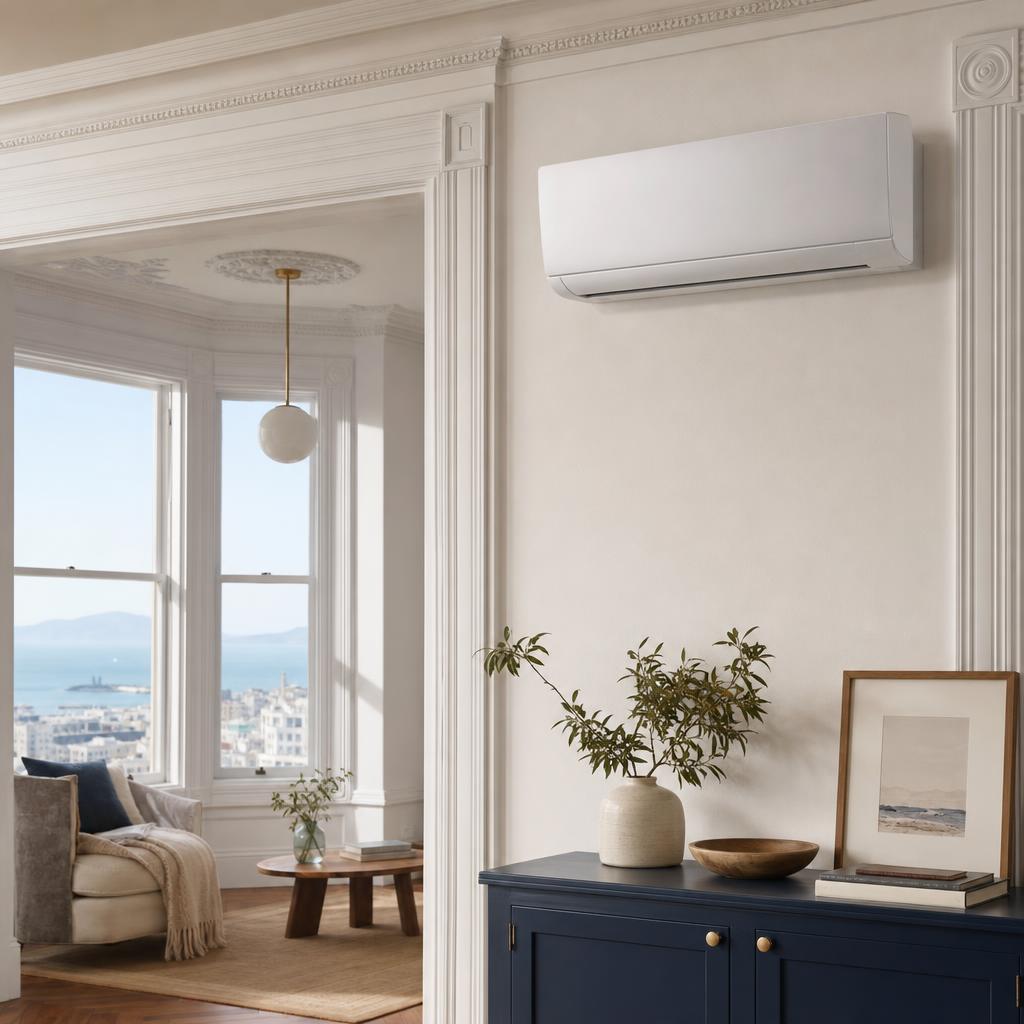 Wall-mounted ductless mini split installed in a San Francisco home